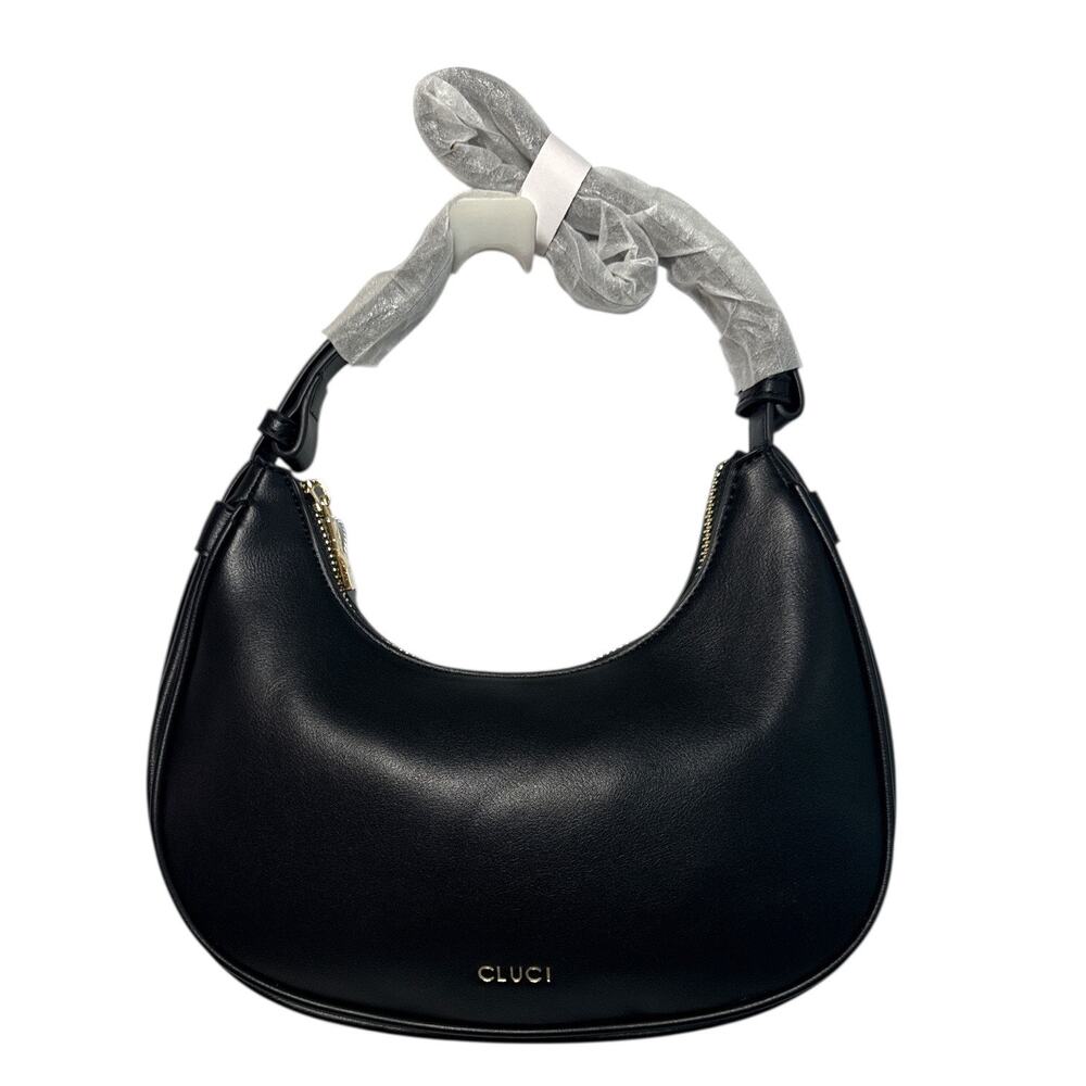 CLUCI Black Hobo Shoulder Bag Vegan Leather Baguette Purse Gold Hardware NWT - Picture 1 of 8
